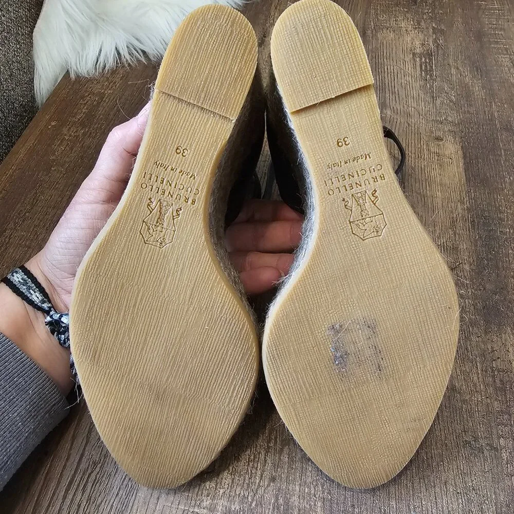 Brunello Cucinelli Monili Ankle Strap Leather Wedge Espadrille Sandals, 39IT/US9
